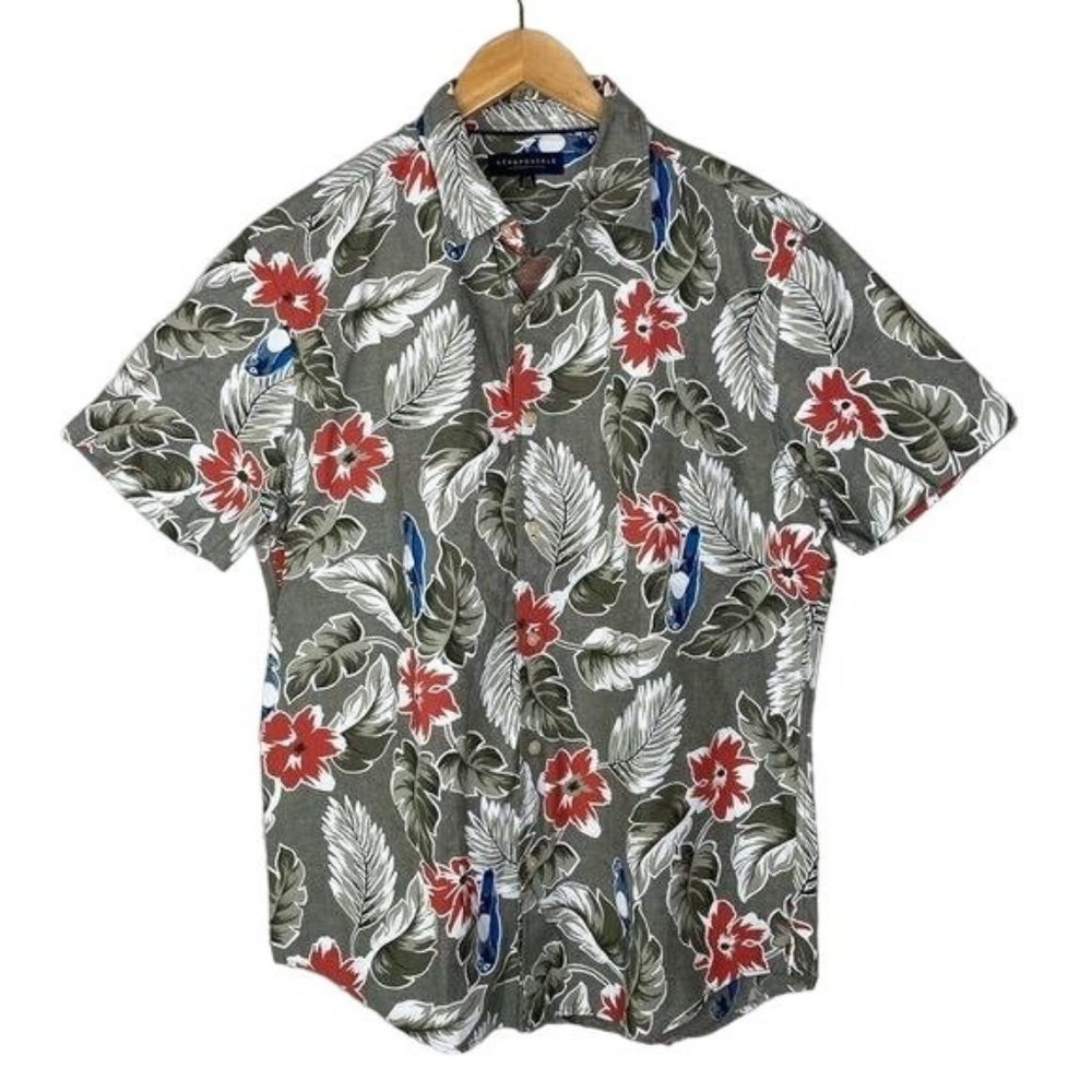 AéRopostale men’s Hawaiian parrots shirt, short sleeve gray blue red Large